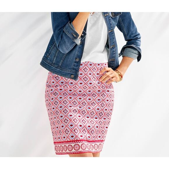 Talbots Canvas A-Line Skirt 14 Red Cotton Blend Above Knee Mediterranean Tile - Picture 1 of 9